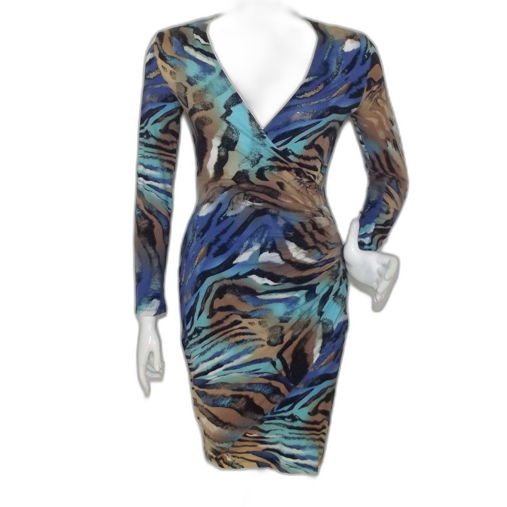 CACHE Dress, M, Blue/Brown  Abstract Zebra, Long sleeves, Jersey, Surplice Vneck